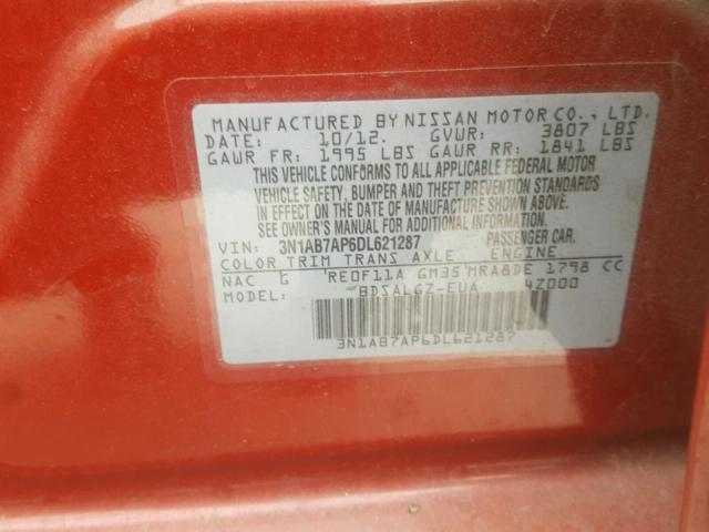 3N1AB7AP6DL621287 - 2013 NISSAN SENTRA S RED photo 10