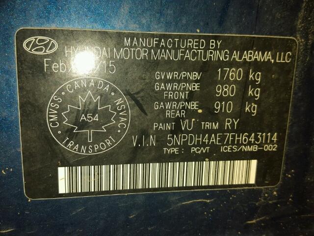 5NPDH4AE7FH643114 - 2015 HYUNDAI ELANTRA SE BLUE photo 10