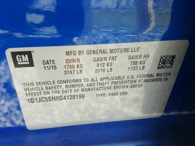 1G1JC5SH8G4128199 - 2016 CHEVROLET SONIC LT BLUE photo 10