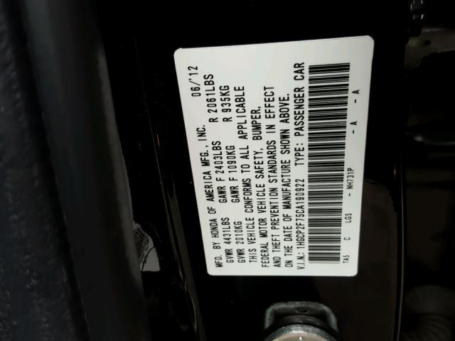 1HGCP2F75CA190922 - 2012 HONDA ACCORD EX 黑色 照片 10