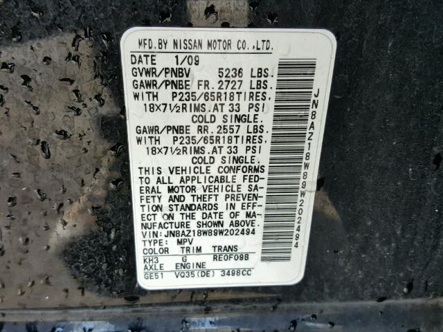 JN8AZ18W89W202494 - 2009 NISSAN MURANO S BLACK photo 10