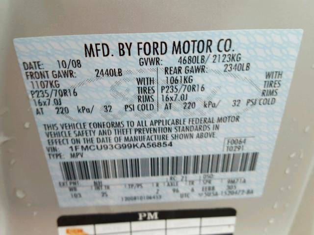 1FMCU93G99KA56854 - 2009 FORD ESCAPE XLT CREAM photo 10