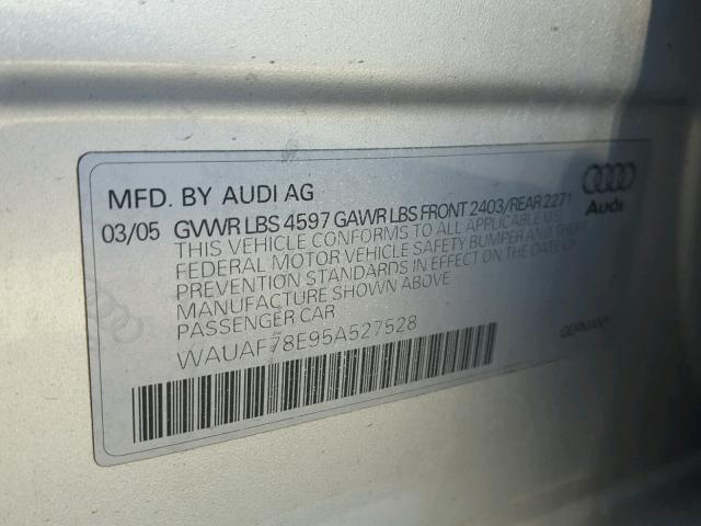 WAUAF78E95A527528 - 2005 AUDI A4 2.0T SILVER photo 10