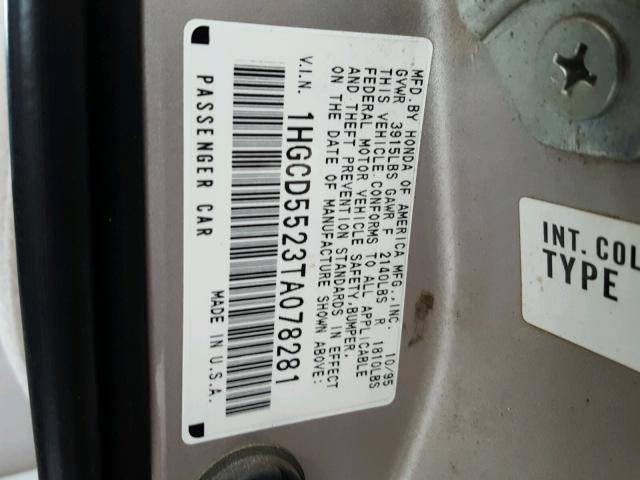 1HGCD5523TA078281 - 1996 HONDA ACCORD DX SILVER photo 10