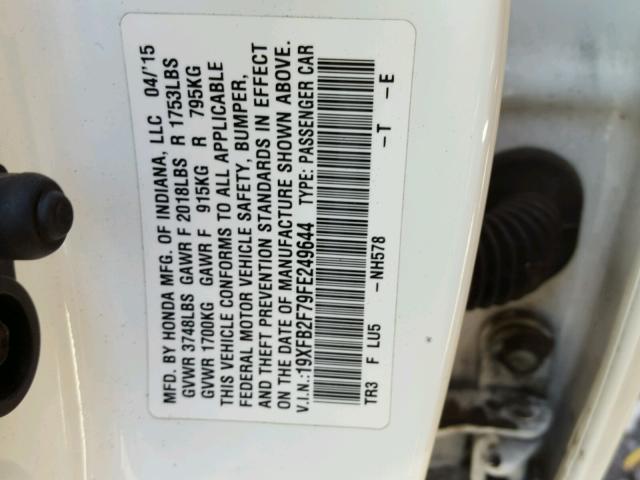 19XFB2F79FE249644 - 2015 HONDA CIVIC SE WHITE photo 10