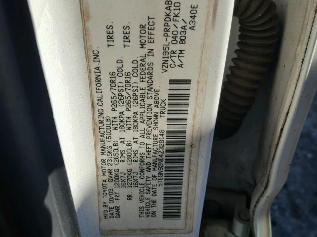 5TEGN92N04Z328148 - 2004 TOYOTA TACOMA WHITE photo 10