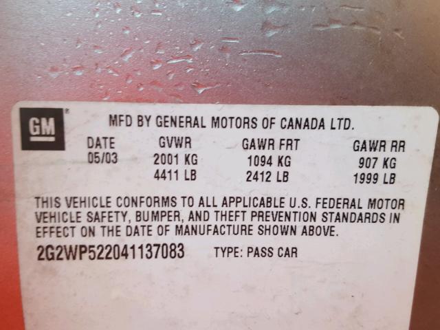 2G2WP522041137083 - 2004 PONTIAC GRAND PRIX SILVER photo 10