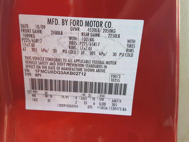 1FMCU0DG3AKB02712 - 2010 FORD ESCAPE RED photo 10