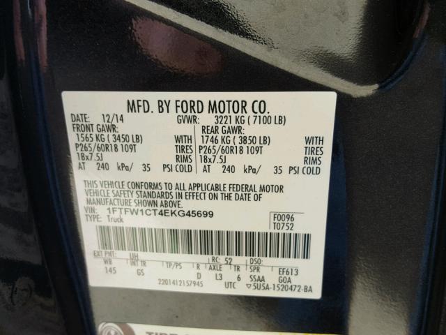 1FTFW1CT4EKG45699 - 2014 FORD F150 SUPER BLACK photo 10