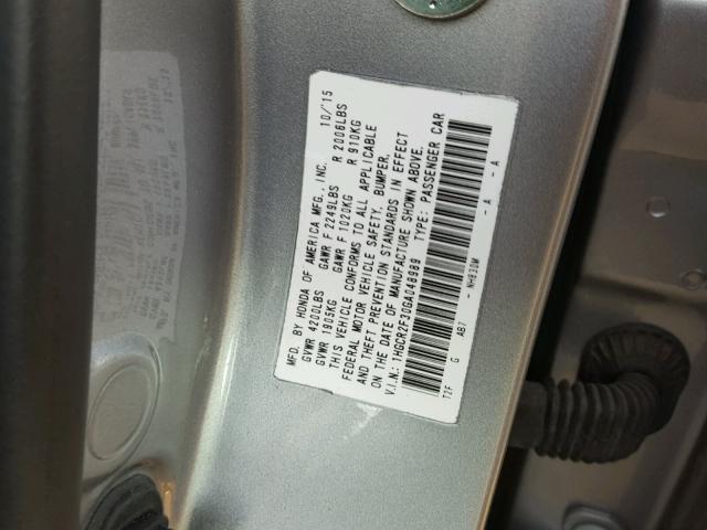 1HGCR2F30GA048989 - 2016 HONDA ACCORD LX GRAY photo 10