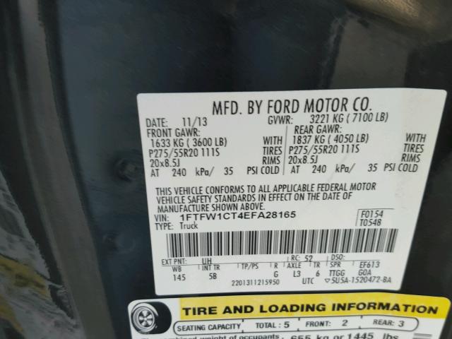 1FTFW1CT4EFA28165 - 2014 FORD F150 SUPER BLACK photo 10