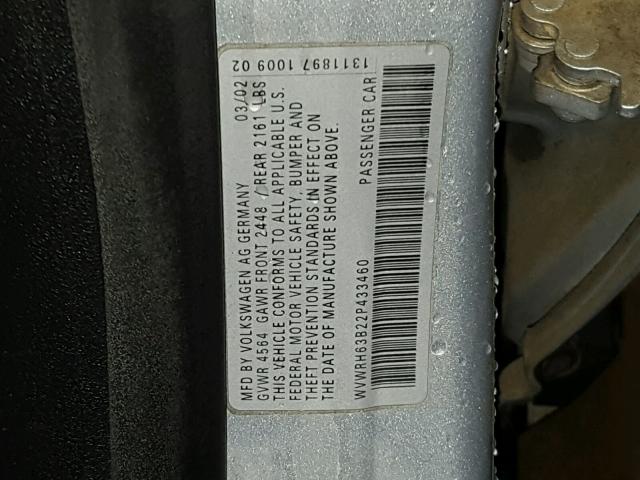 WVWRH63B22P433460 - 2002 VOLKSWAGEN PASSAT GLX SILVER photo 10