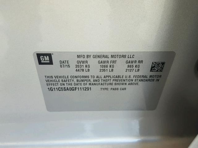 1G11C5SA0GF111291 - 2016 CHEVROLET MALIBU LIM 银色 照片 10