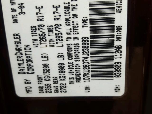 1D7KU28D74J238983 - 2004 DODGE RAM 2500 S MAROON photo 10