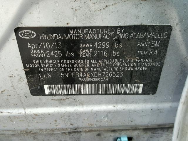 5NPEB4ACXDH726523 - 2013 HYUNDAI SONATA GLS SILVER photo 10