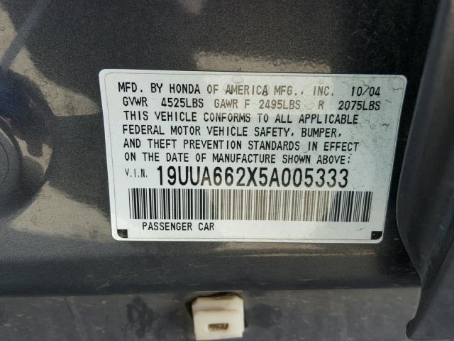 19UUA662X5A005333 - 2005 ACURA TL GRAY photo 10