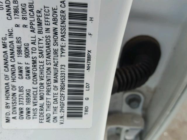 2HGFC2F78GH533173 - 2016 HONDA CIVIC EX 白色 照片 10