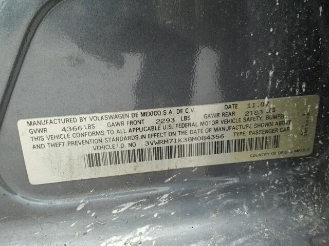 3VWRM71K38M084356 - 2008 VOLKSWAGEN JETTA SE 灰色 照片 10