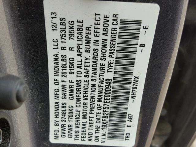 19XFB2F57EE000949 - 2014 HONDA CIVIC LX GRAY photo 10