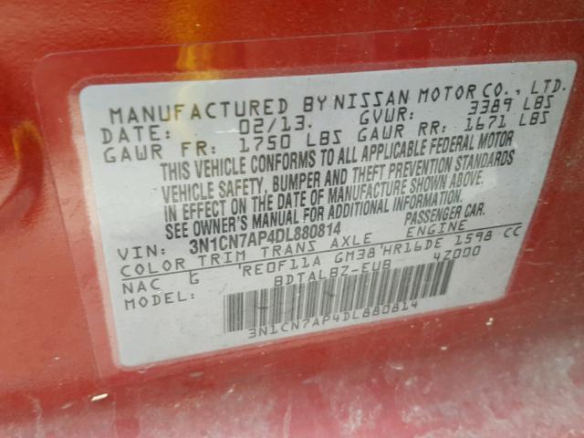 3N1CN7AP4DL880814 - 2013 NISSAN VERSA S RED photo 10