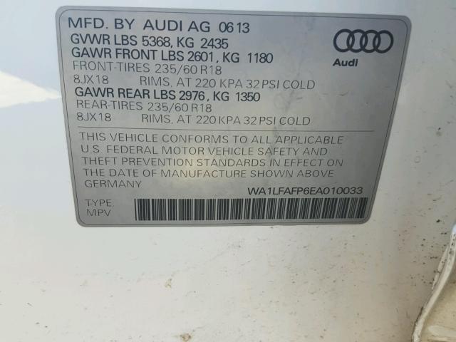 WA1LFAFP6EA010033 - 2014 AUDI Q5 PREMIUM WHITE photo 10