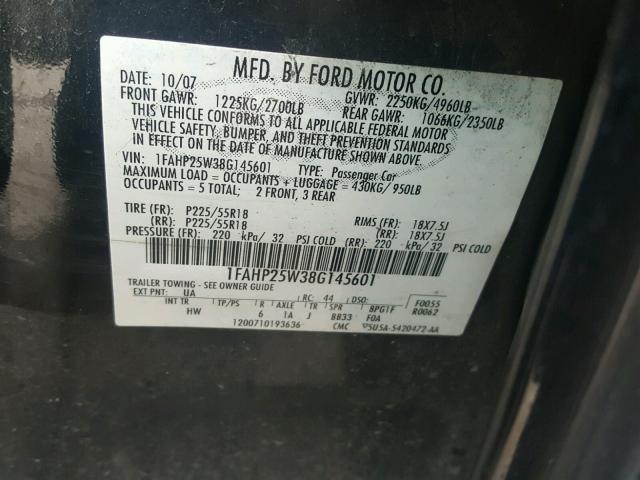 1FAHP25W38G145601 - 2008 FORD TAURUS LIM BLACK photo 10