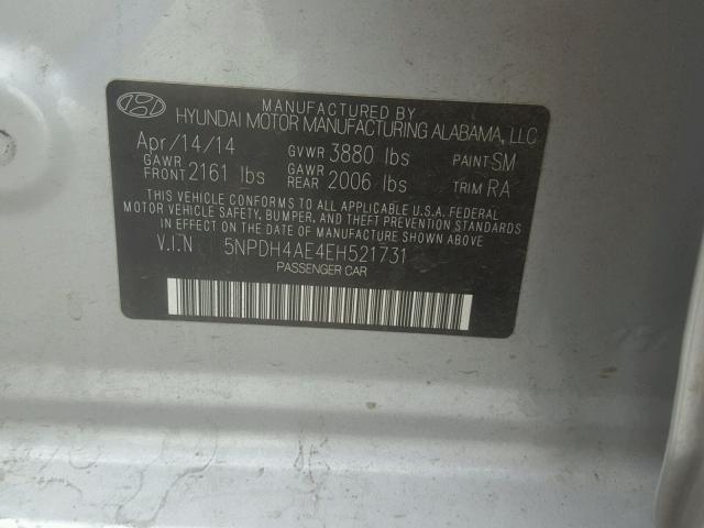 5NPDH4AE4EH521731 - 2014 HYUNDAI ELANTRA SE SILVER photo 10