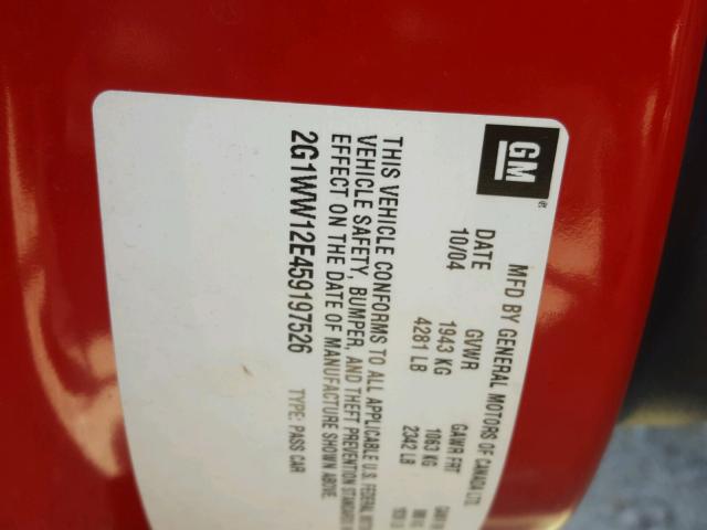 2G1WW12E459197526 - 2005 CHEVROLET MONTE CARL წითელი ფოტო 10