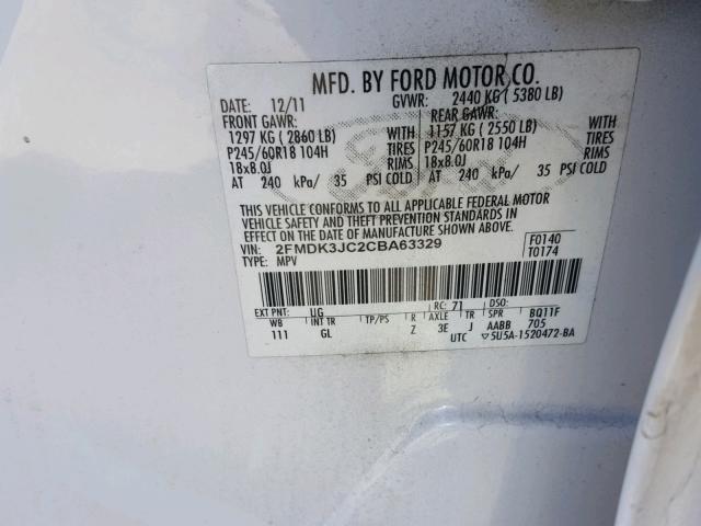 2FMDK3JC2CBA63329 - 2012 FORD EDGE SEL WHITE photo 10