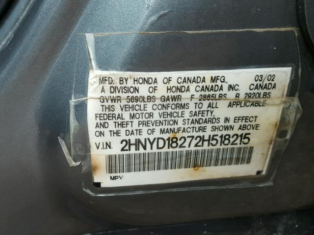 2HNYD18272H518215 - 2002 ACURA MDX GRAY photo 10