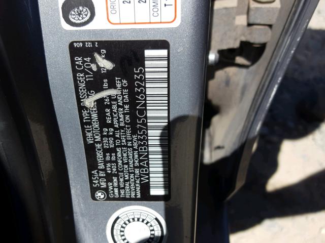 WBANB33575CN63235 - 2005 BMW 545 I GRAY photo 10