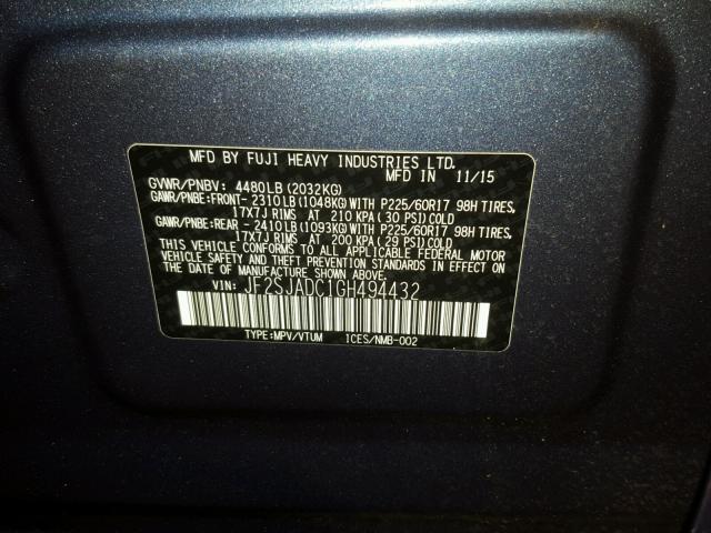 JF2SJADC1GH494432 - 2016 SUBARU FORESTER 2 BLUE photo 10