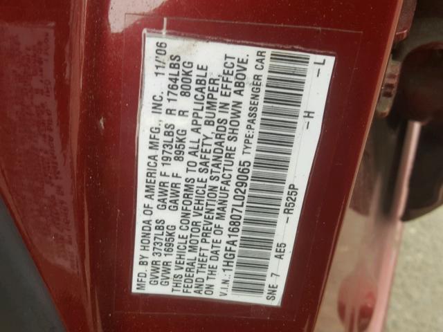 1HGFA16807L029065 - 2007 HONDA CIVIC EX BURGUNDY photo 10