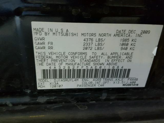 4A32B2FF5AE011684 - 2010 MITSUBISHI GALANT FE BLACK photo 10