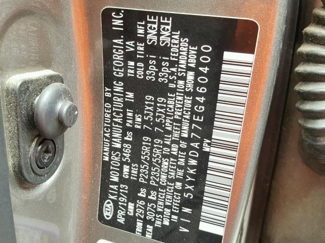 5XYKWDA77EG460400 - 2014 KIA SORENTO SX GRAY photo 10