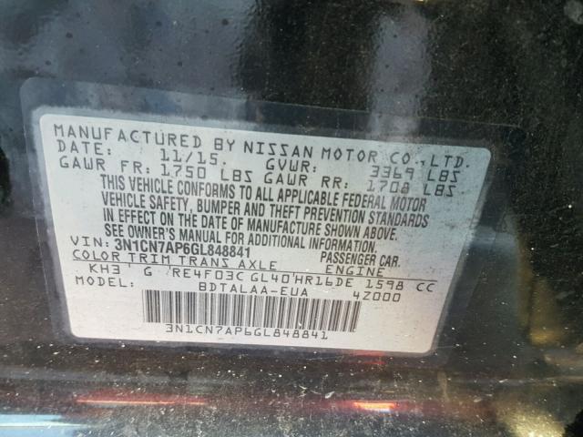 3N1CN7AP6GL848841 - 2016 NISSAN VERSA S BLACK photo 10