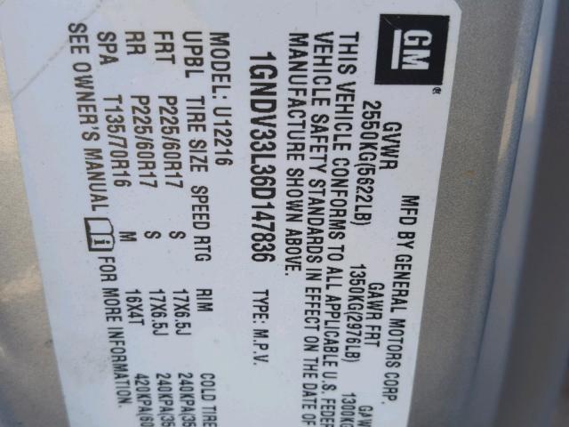 1GNDV33L36D147836 - 2006 CHEVROLET UPLANDER L 银色 照片 10