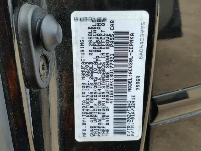 4T1BE32K13U177921 - 2003 TOYOTA CAMRY LE 黑色 照片 10