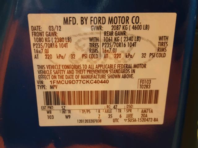 1FMCU9D77CKC40440 - 2012 FORD ESCAPE BLUE photo 10