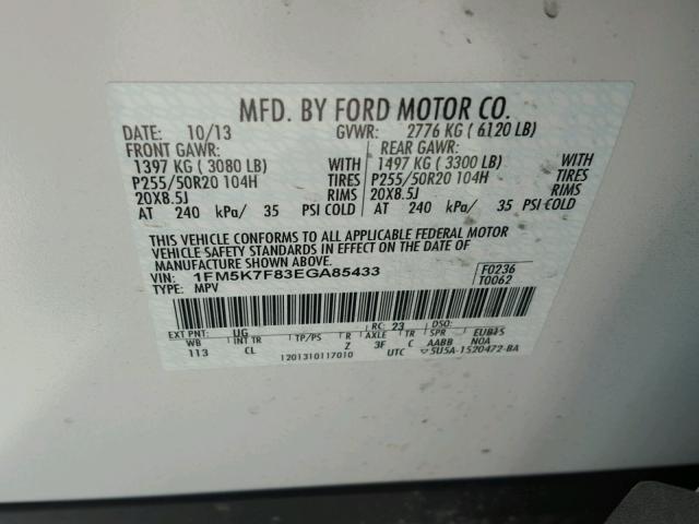 1FM5K7F83EGA85433 - 2014 FORD EXPLORER L WHITE photo 10