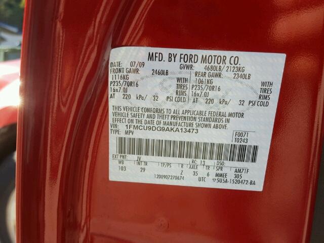 1FMCU9DG9AKA13473 - 2010 FORD ESCAPE XLT RED photo 10