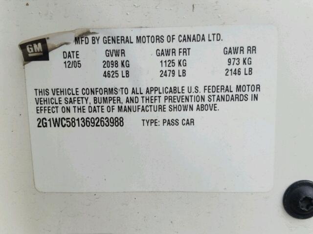 2G1WC581369263988 - 2006 CHEVROLET IMPALA LT WHITE photo 10