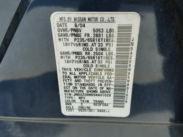 JN8AZ08W65W401029 - 2005 NISSAN MURANO SL BLUE photo 10