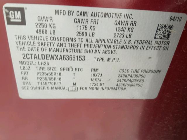 2CTALDEWXA6365153 - 2010 GMC TERRAIN SL RED photo 10