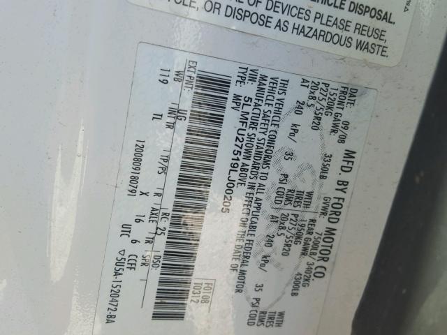 5LMFU27519LJ00205 - 2009 LINCOLN NAVIGATOR Biały zdjęcie 10