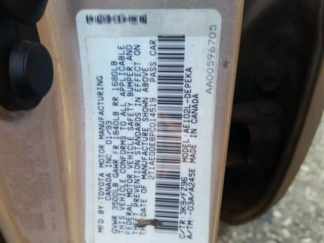 2T1AE00E8PC014519 - 1993 TOYOTA COROLLA LE 棕色 照片 10