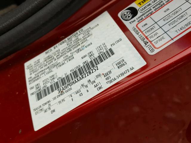 3FAHP0HAXAR228252 - 2010 FORD FUSION SE RED photo 10