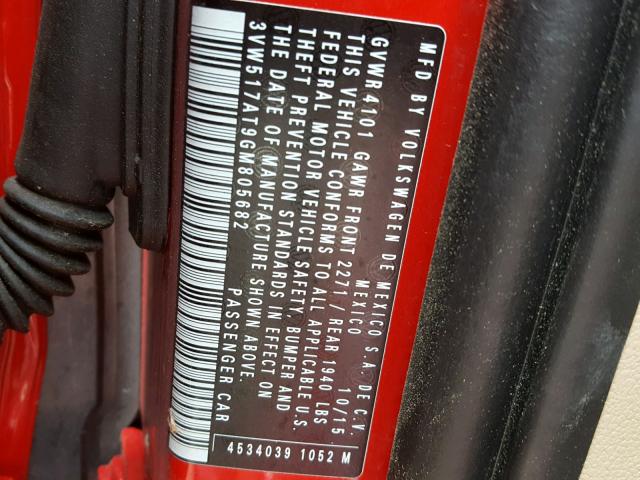 3VW517AT9GM805682 - 2016 VOLKSWAGEN BEETLE S/S 红色 照片 10