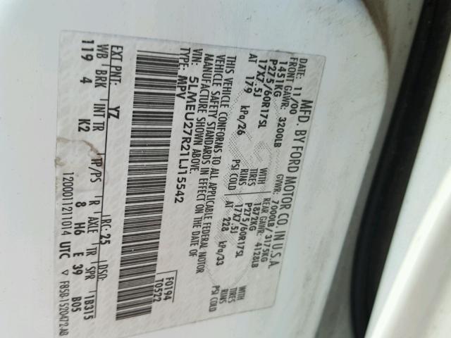 5LMEU27R21LJ15542 - 2001 LINCOLN NAVIGATOR WHITE photo 10