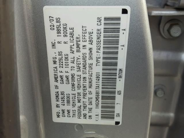 1HGCM56817A114901 - 2007 HONDA ACCORD EX SILVER photo 10